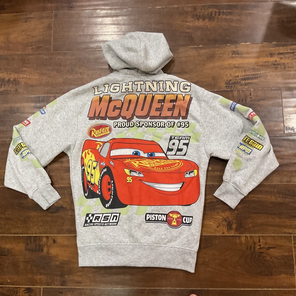 Disney Pixar Cars Lightning McQueen Racing Full Zip Hoodie Gray Mens Small